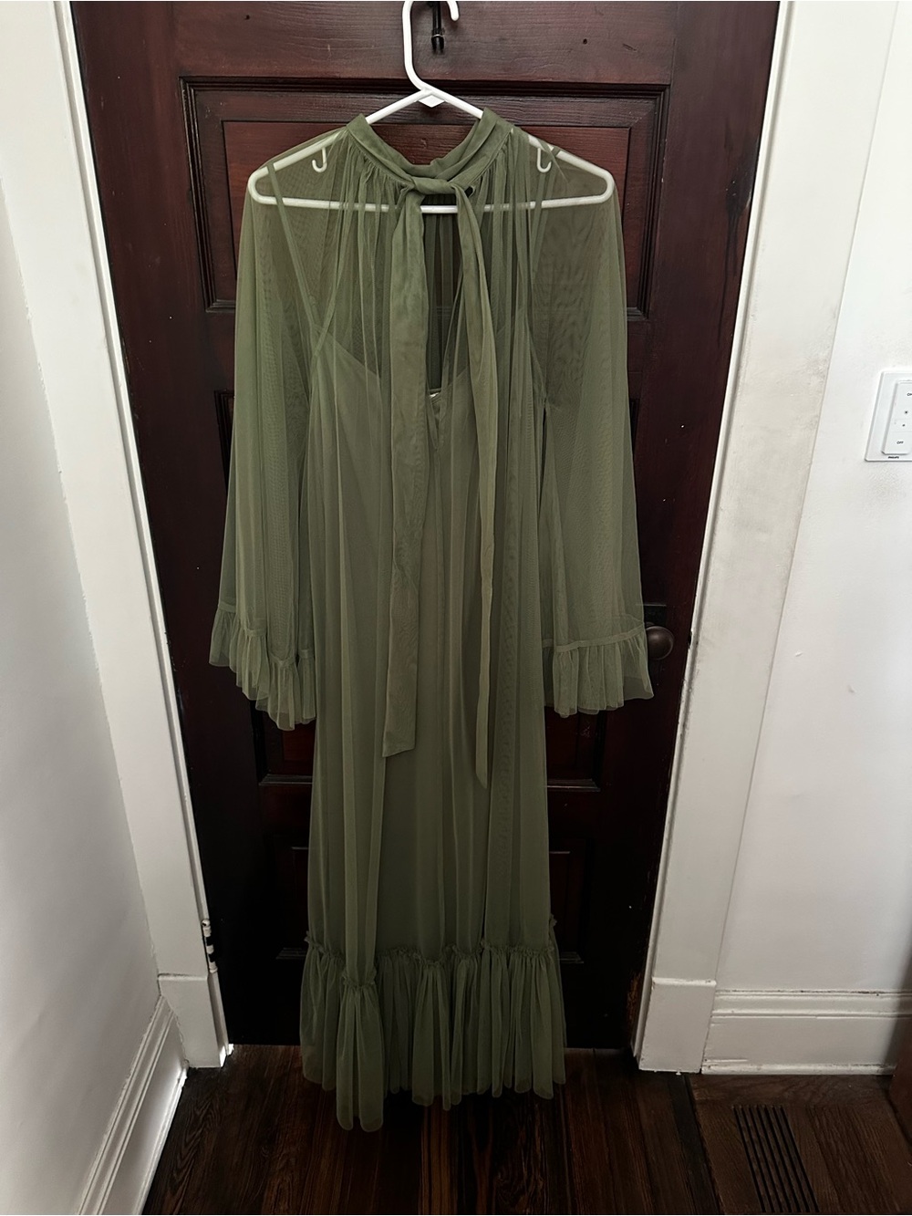 Lace & Beads Olive Green Maxi Mesh Dress with Ruffle Hem - Picture 2 of 7